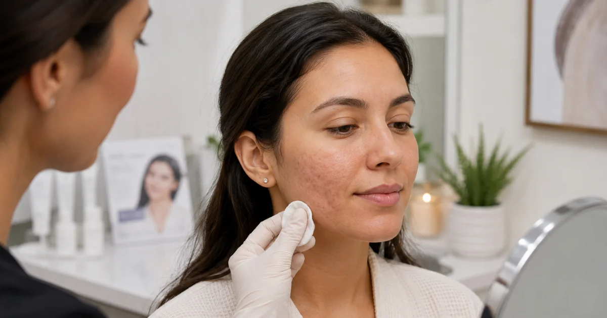 Woman with mild acne scars consulting a skincare professional before a microneedling treatment