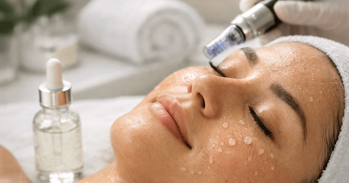 Microneedling facial treatment with hydrating serum on natural glowing skin in spa
